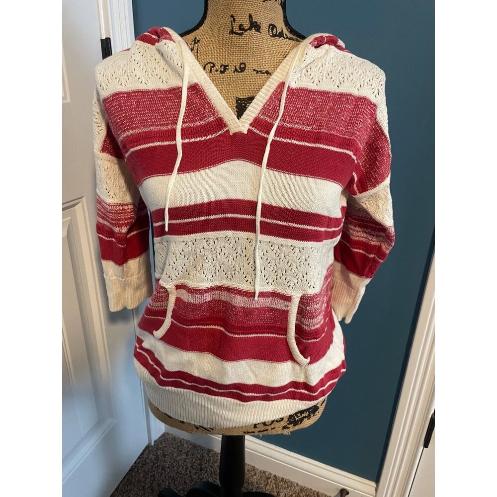 Aventura Red and Cream Striped Knit Hoodie Sweater